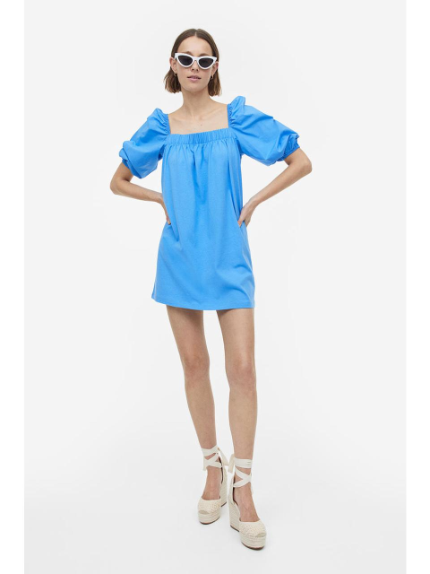 원피스 - 에이치엔엠 (H&M) - 퍼프 슬리브 코튼 드레스 블루 1157860002
