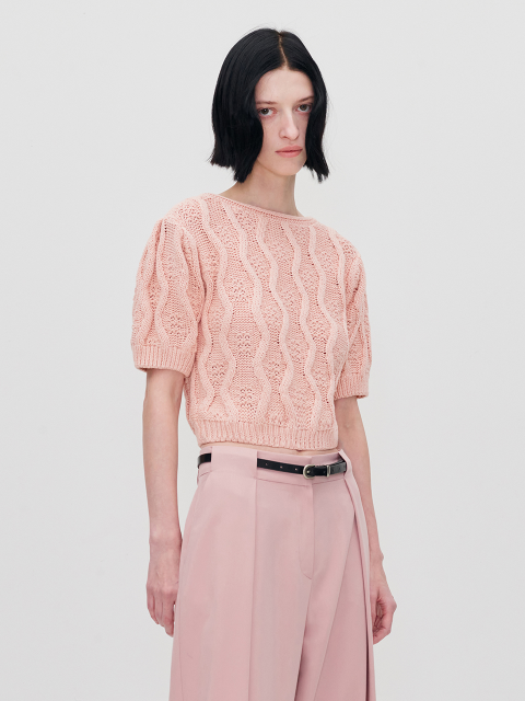 니트 - 리이 (RE RHEE) - CABLE KNIT CROPPED TOP BABY PINK