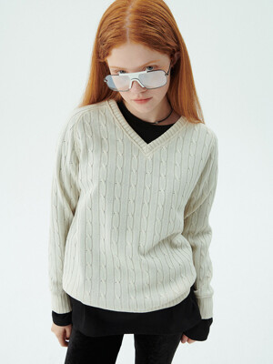 V-Neck Cable Pullover_Ivory