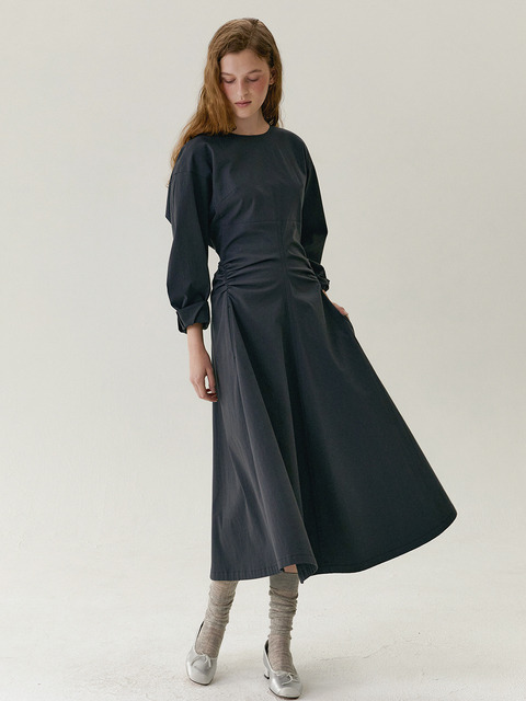 원피스,원피스 - 매넌  (MANNON) - MOSS dolman sleeve side shirring long dress_Charcoal Grey