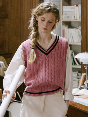 ADORA v neck twisting knit vest_hot pink