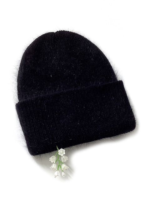 모자 - 아더월들리 (OTHER-worldly) - Drop White Flower Beads Beanie [Angora Black]
