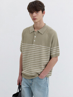 UNISEX COLLARED STRIPE KNIT SOFT KHAKI_M_UDSW5B129K1