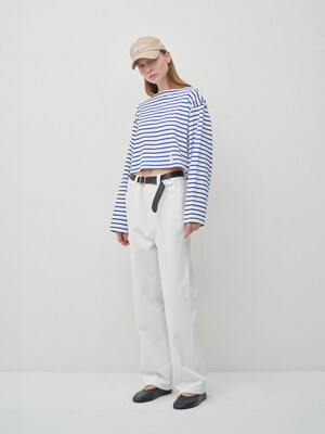 AVERY WHITE STRIPED BOAT NECK CROPPED T-SHIRT