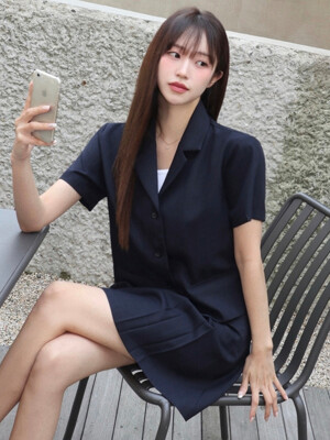 [세트] 리츠 하프 자켓 + 리츠 슬릿 미니 스커트 네이비 J1782