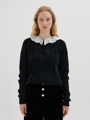 TEENY Lace Collared Velvet Knit Pullover - Black