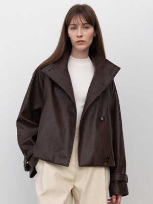 high-neck faux leather jacket (brown)