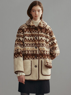 LONDON EYE Fair Isle eco shearing half coat (Brown)