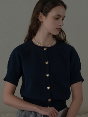 Heart button half sleeve cardigan_Navy