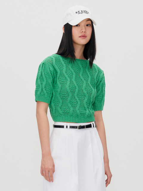 니트 - 리이 (RE RHEE) - CABLE KNIT CROPPED TOP GREEN