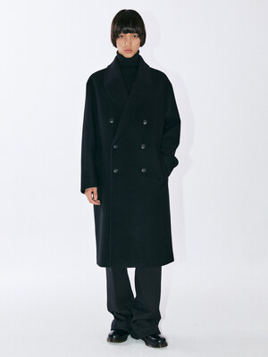 Wide Collar Cashmere Double Long Coat - Black