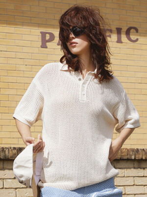 HALF SLEEVE PIQUE COLLAR KNIT_IVORY