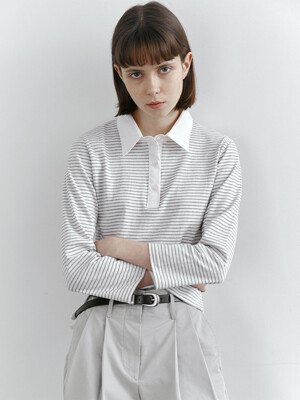 Stripe collar top(Melange gray)