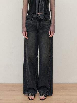 HOT FIX WIDE DENIM PANTS - BLACK