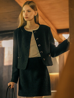 Dylan wool boucle collarless jacket_Black