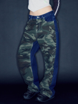 CAMOUFLAGE PANEL DENIM PANTS [BLUE]