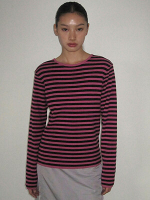 Combi Striped Knit T-Shirts (BLACK & PINK)