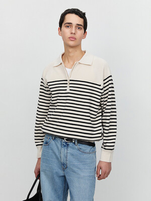 UNISEX STRIPED HALF ZIP-UP SWEATER CREAM_M_UDSW5A103CR