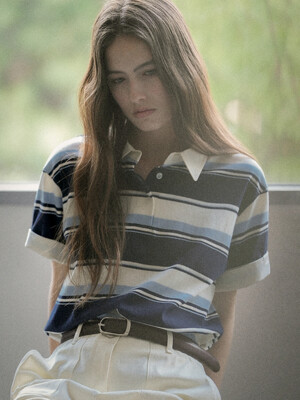 Bold stripe roll-up label half collar T-shirt_Blue