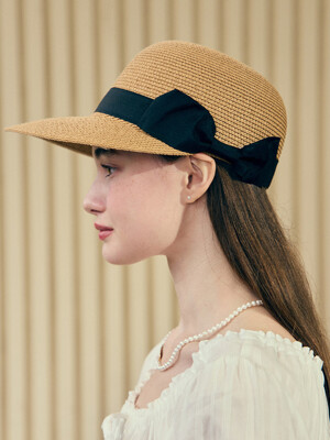 Ribbon Rattan Sun Visor Hat - Beige