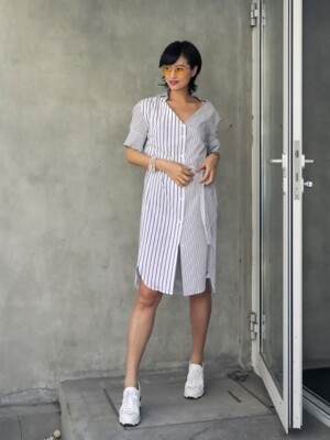 [Pretone+ Beau Hemm] V-neck shirt one-piece