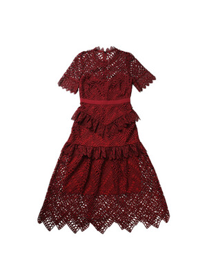 버건디 앱스트랙트 트라이앵글 레이스 미디 드레스 (PF21-931)