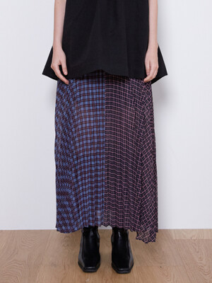 21FW_Patch-work Pleats Skirt (Check Pink)