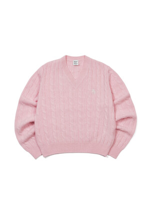 Cashmere Cable Crop V-Neck Knit Pink