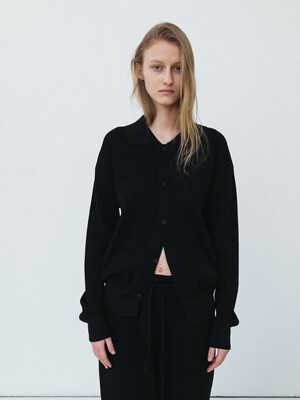 COTTON-BLEND COLLAR KNIT CARDIGAN[BLACK]