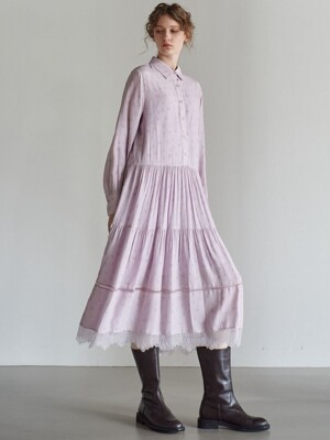 LACE TIERED PRINTING SHIRRING DRESS_LAVENDER