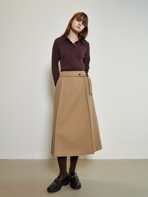 Belted Long Flared Skirt_BEIGE