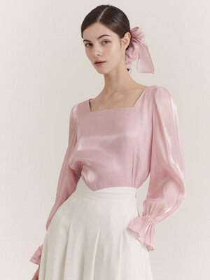 Daisy Satin Square-neck Blouse (Pink/Cream/Mint)