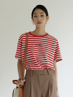 [TWINS] CHARMEUSE logo stripe t-shirts_red velvet