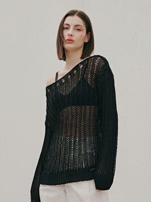 boxy-fit net pullover-black