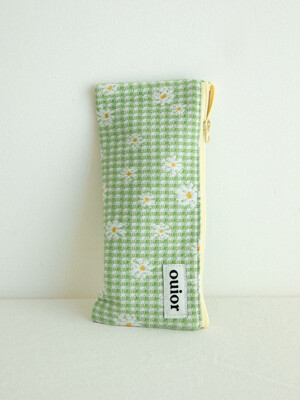 ouior flat pencil case - check flower green (topside zipper)