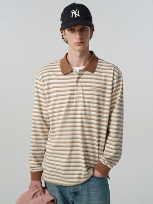 UNISEX MULTI STRIPE COLLARED T-SHIRT BEIGE STRIPE_M_UDTS5A109I2