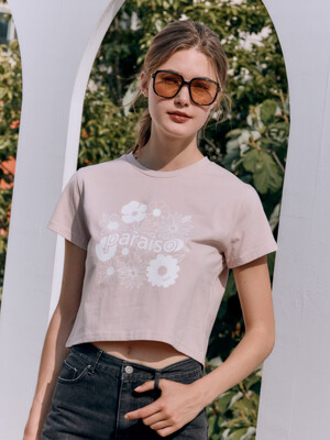 FLOWER PRINT CROPPED T-SHIRT [Dusty Pink]
