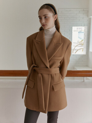 SIENNA semi-double brest belted half coat_Camel