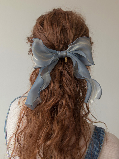 헤어액세서리 - 메리모티브 (MERRYMOTIVE) - Blue organza ruffle ribbon hairpin