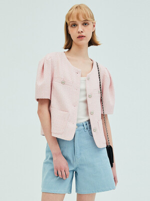 Puff Sleeve Tweed Jacket_Pink