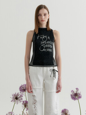 TWO TONE LETTERING SLEEVELESS KNIT TOP - BLACK