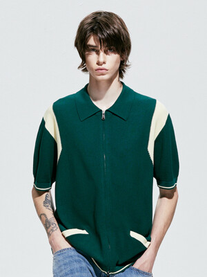 varsity half knit zip-up green