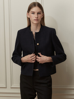 Embellished Wool Tweed Jacket_Dark Navy