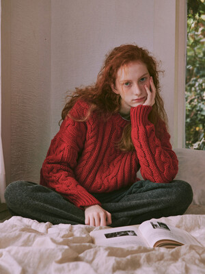 heavywool fisher cable pullover-red