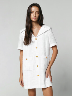 SAILOR COLLAR TWEED DRESS - WHITE