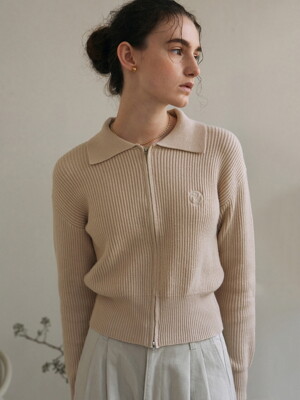 COLLAR RIBBED ZIP UP KNIT_BEIGE