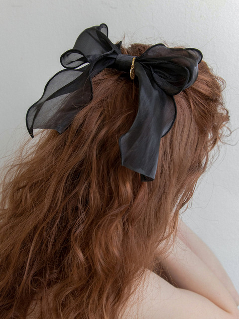 헤어액세서리 - 메리모티브 (MERRYMOTIVE) - Black organza ruffle ribbon hairpin