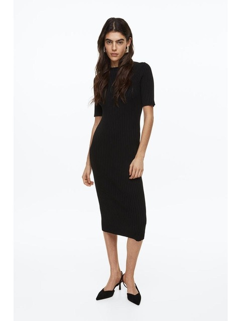 원피스 - 에이치엔엠 (H&M) - 리브니트 드레스 블랙 1130015001