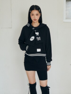 RIBBON PRINT MUFFLER HOODIE_BLACK