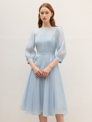 KARLA Round neck organza flared long dress (Coral pink/Blue/Black)